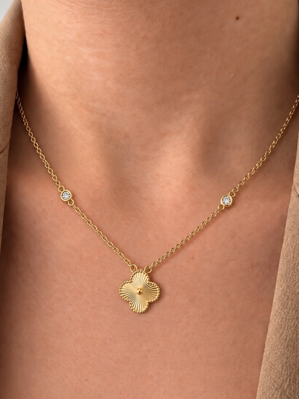 14K Gold Plated Rhodium Reversible Clover Adjustable Necklace Water Resistant